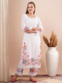 FASHOR - White Floral Embroidered Kurta with Pant (Set of 2)