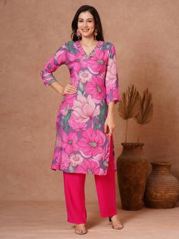 FASHOR - Pink Floral Printed Embroidered Kurta with Palazzo (Set of 2)