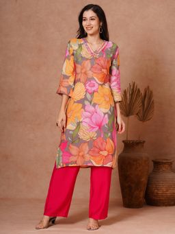 FASHOR - Red Floral Printed Kurta with Palazzo (Set of 2)