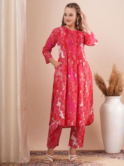 FASHOR - Red Printed A-Line Pin Tucked Kurta with Pant (Set of 2)