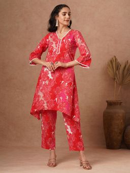 FASHOR - Red Printed A-Line Fit Kurta with Pant (Set of 2)