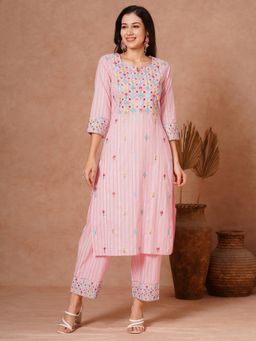 FASHOR - Pink Floral Embroidered Kurta with Pant (Set of 2)
