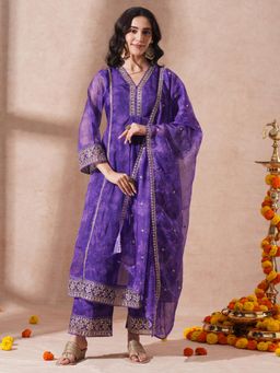 FASHOR - Purple Floral Printed Embroidered A-Line Kurta with Pant and Dupatta (Set of 3)