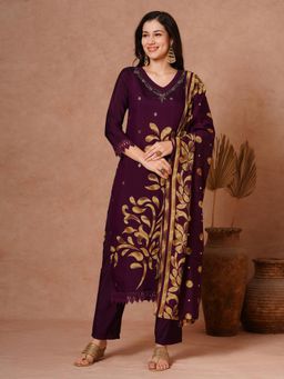 FASHOR - Purple Floral Printed Embroidered Kurta with Pant and Dupatta (Set of 3)