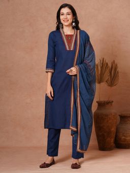 FASHOR - Navy Blue Embroidered Kurta with Pant and Printed Dupatta (Set of 3)