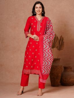 FASHOR - Red Floral Embroidered Kurta with Pant and Printed Dupatta (Set of 3)