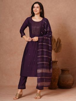FASHOR - Purple Embroidered Kurta with Pant and Dupatta (Set of 3)