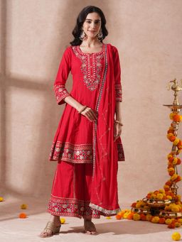 FASHOR - Red Embroidered A-Line Panelled Kurta with Palazzo and Dupatta (Set of 3)