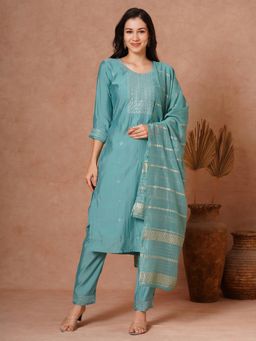 FASHOR - Turquoise Embroidered Kurta with Pant and Dupatta (Set of 3)