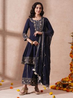 FASHOR - Navy Blue Embroidered A-Line Panelled Kurta with Palazzo and Dupatta (Set of 3)