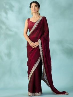Akhilam - Satin Wine Embroidered Saree With Unstitched Blouse