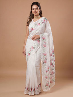 Akhilam - Kota Doria Cotton White Embroidered Saree With Unstitched Blouse