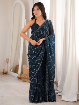 Akhilam - Satin Teal Embellished Saree With Unstitched Blouse