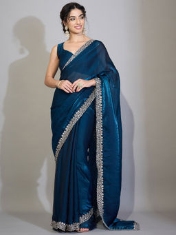 Akhilam - Satin Teal Embroidered Saree With Unstitched Blouse