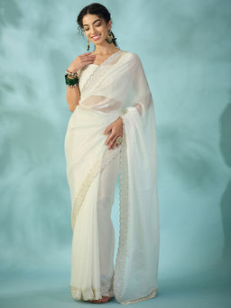 Akhilam - Satin White Embellished Saree With Unstitched Blouse