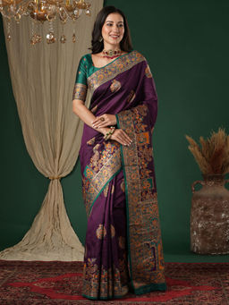 Akhilam - Soft Silk Wine Woven Saree With Unstitched Blouse