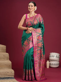 Akhilam - Soft Silk Teal green Woven Saree With Unstitched Blouse