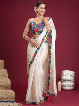 Akhilam - Chiffon Off White Solid Saree With Unstitched Blouse