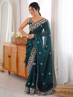 Akhilam - Organza Teal Embellished Saree With Unstitched Blouse