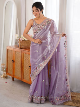Akhilam - Organza Lavender Embellished Saree With Unstitched Blouse