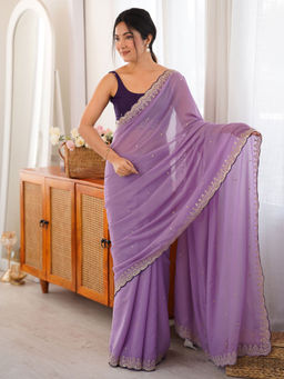 Akhilam - Georgette Lavender Embellished Saree With Unstitched Blouse