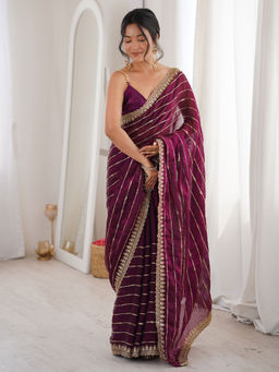 Akhilam - Satin Wine Embellished Saree With Unstitched Blouse