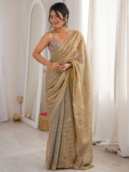 Akhilam - Satin Gold Embellished Saree With Unstitched Blouse