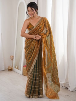 Akhilam - Satin Mustard Embellished Saree With Unstitched Blouse