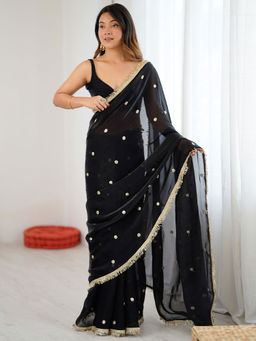 Akhilam - Satin Black Embellished Saree With Unstitched Blouse