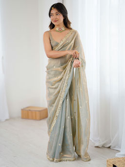 Akhilam - Satin Green Embellished Saree With Unstitched Blouse