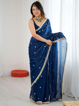 Akhilam - Satin Teal Embellished Saree With Unstitched Blouse