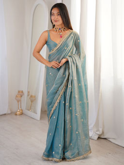 Akhilam - Satin Light Aqua Embellished Saree With Unstitched Blouse
