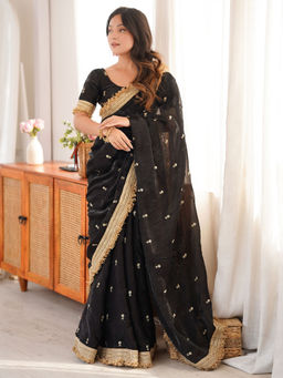 Akhilam - Satin Black Embellished Saree With Unstitched Blouse
