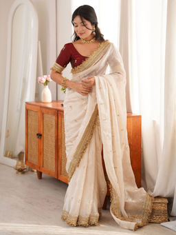 Akhilam - Satin Off White Embellished Saree With Unstitched Blouse