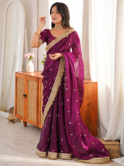 Akhilam - Satin Purple Embellished Saree With Unstitched Blouse