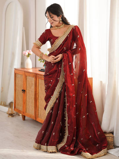 Satin Rust Embellished Saree With Unstitched Blouse