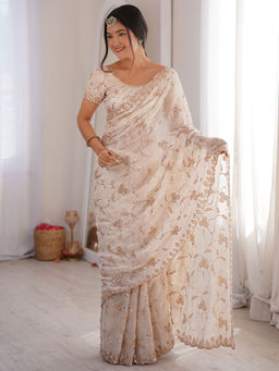 Akhilam - Satin Off White Embellished Saree With Unstitched Blouse