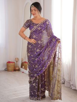 Akhilam - Satin Lavender Embellished Saree With Unstitched Blouse