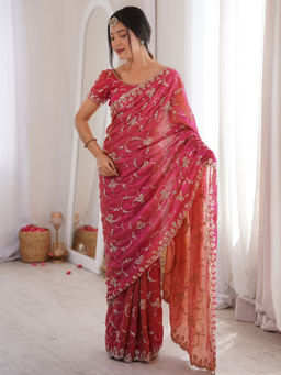 Akhilam - Satin Pink Embellished Saree With Unstitched Blouse