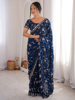 Akhilam - Satin Blue Embellished Saree With Unstitched Blouse