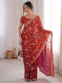 Akhilam - Satin Rust Embellished Saree With Unstitched Blouse