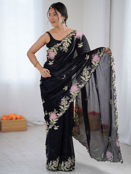 Akhilam - Satin Black Embellished Saree With Unstitched Blouse