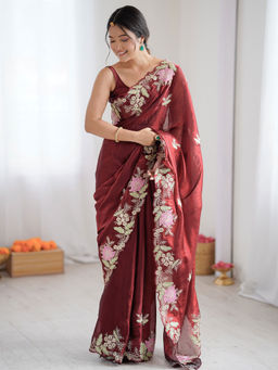 Akhilam - Satin Maroon Embellished Saree With Unstitched Blouse