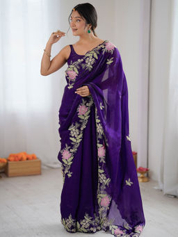 Akhilam - Satin Purple Embellished Saree With Unstitched Blouse