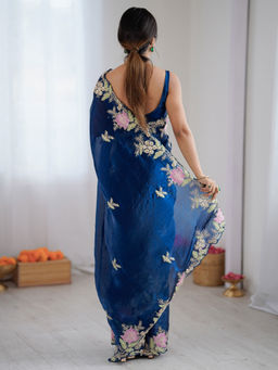 Akhilam - Satin Blue Embellished Saree With Unstitched Blouse