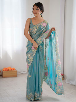 Akhilam - Satin Light Blue Embellished Saree With Unstitched Blouse