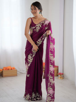 Akhilam - Satin Magenta Embellished Saree With Unstitched Blouse