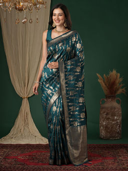 Akhilam - Silk Blend Dark Green Woven Saree With Unstitched Blouse