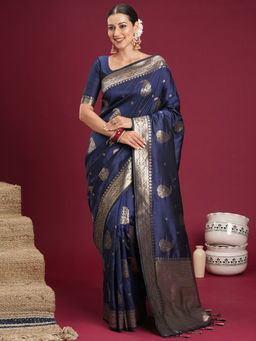 Akhilam - Silk Blend Navy Blue Woven Saree With Unstitched Blouse