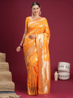 Akhilam - Silk Blend Orange Woven Saree With Unstitched Blouse